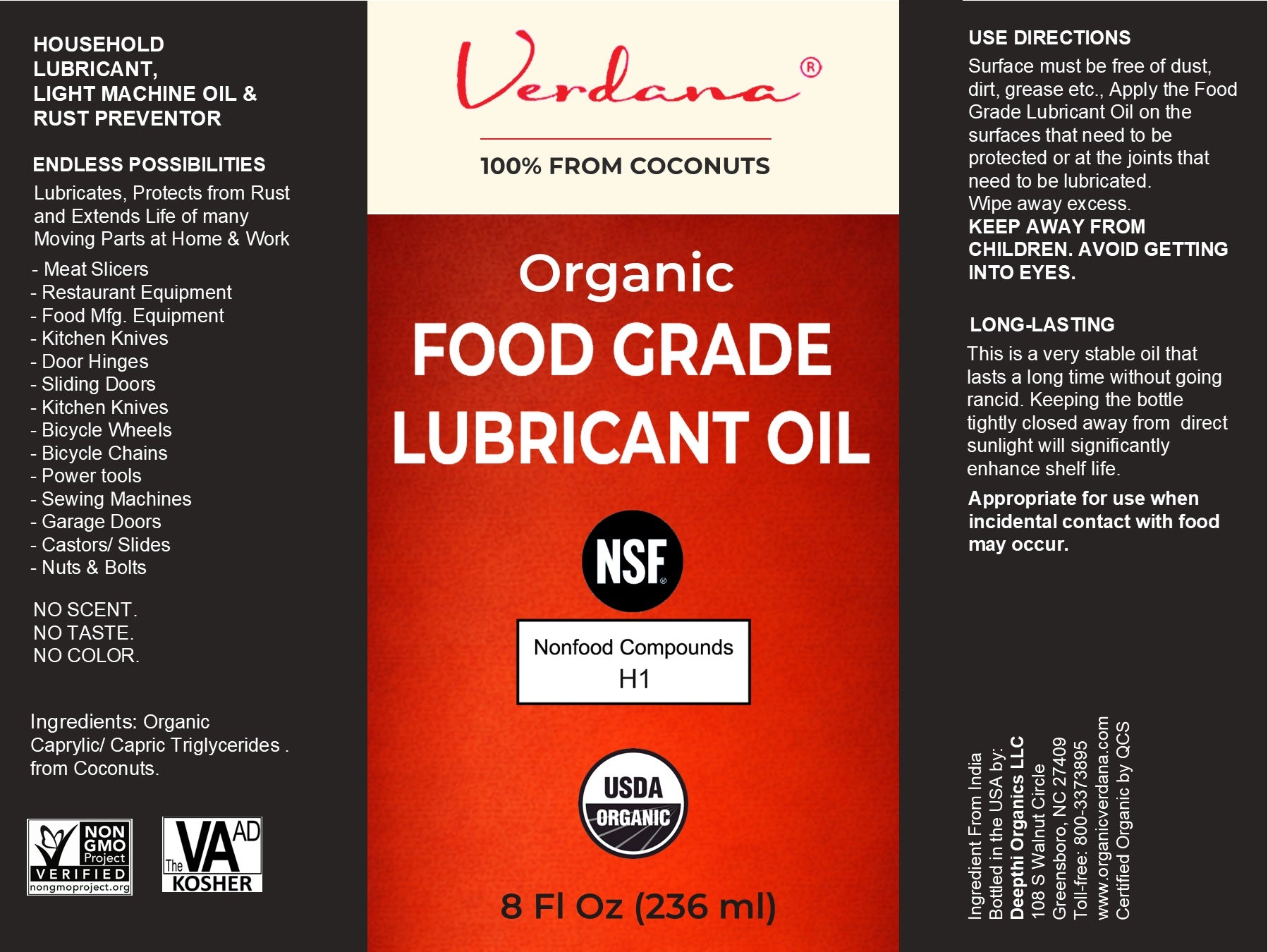 Verdana Food Grade Lubricant Oil – Organic, NSF H1, Kosher, Non-GMO - 8 Fl Oz