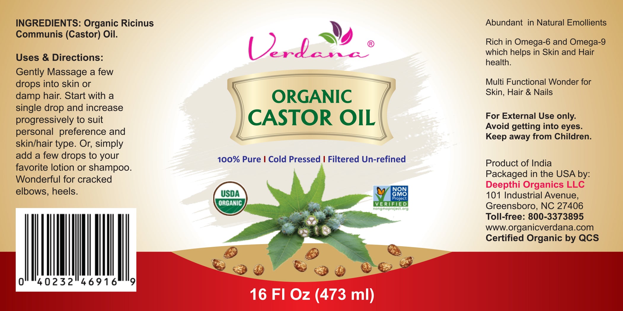Verdana Organic Cold Pressed Castor Oil - Hexane Free - Bulk  & Retail