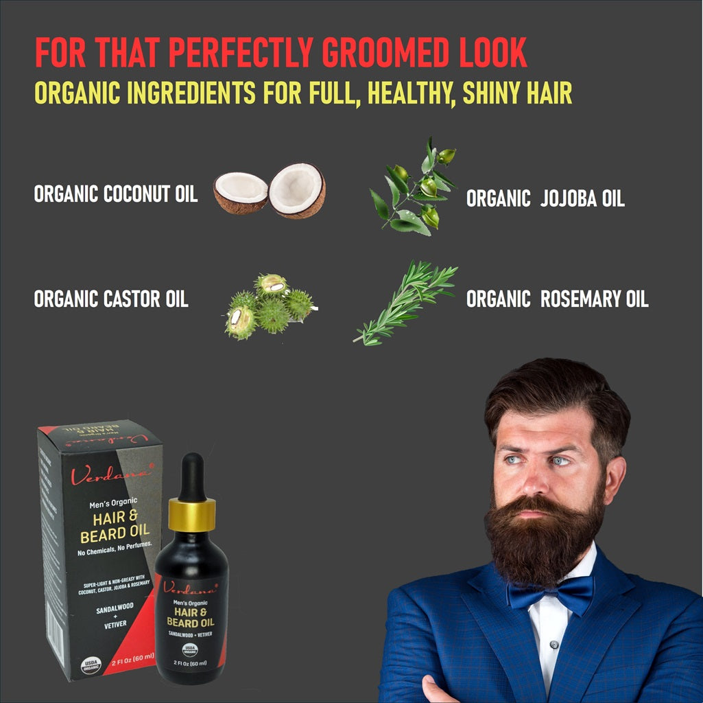 Verdana Men's Organic Hair & Beard Oil - Sandalwood & Vetiver Scent - 2 Fl Oz